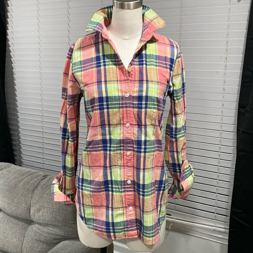 J CREW Pastel Navy Plaid 100% Cotton Button Down Collared Shirt SMALL